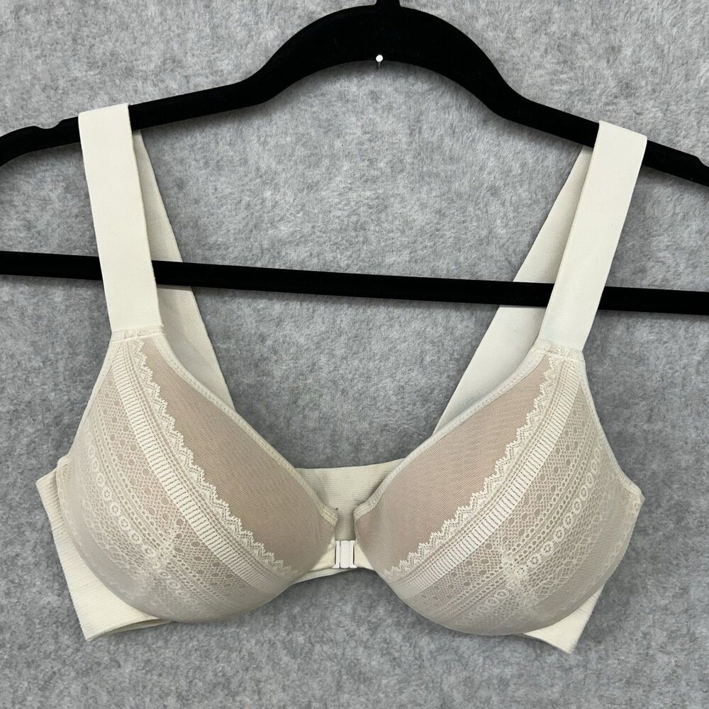 Spanx Bra 36B Front Closure white and brige Lace Pattern bra - llelujah